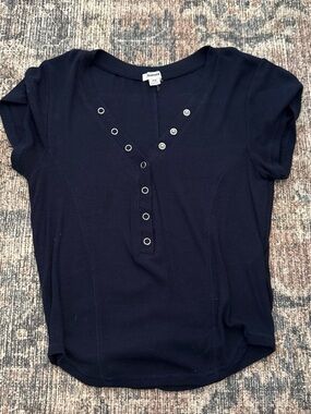 Garage Women's Navy Ribbed Henley Short Sleeve Tee with Grommet Detail